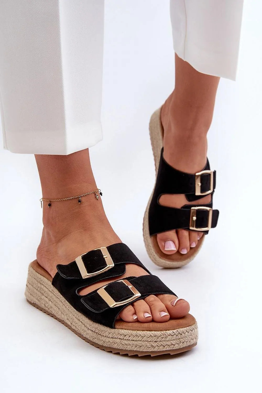 sandales femmes mules design moderne décontracté suédine écologique plateformes 3cm brides larges réglables boucles dorées espadrille jute semelle rembourrée antidérapante