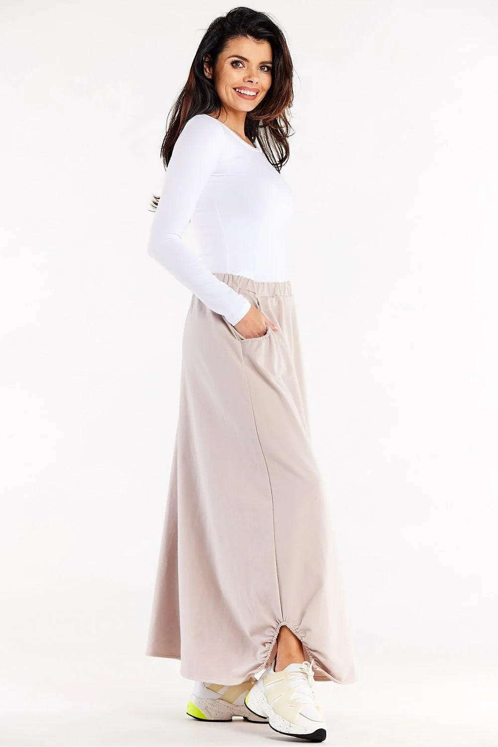 jupe longue femme évasée trapèze taille élastique poches latérales coton élasthanne jersey fluide extensible tombé drapé ourlet froncé