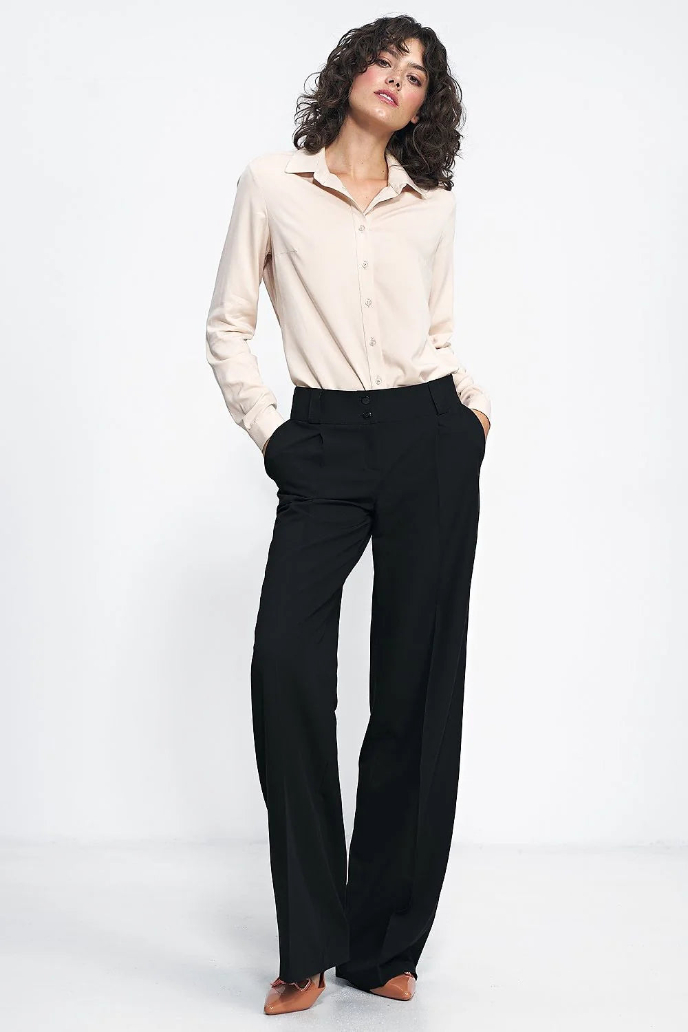 Pantalon long Nife style tailleur élégance professionnelle femme noir profond jambes larges taille haute ceinture ajustable matière confortable