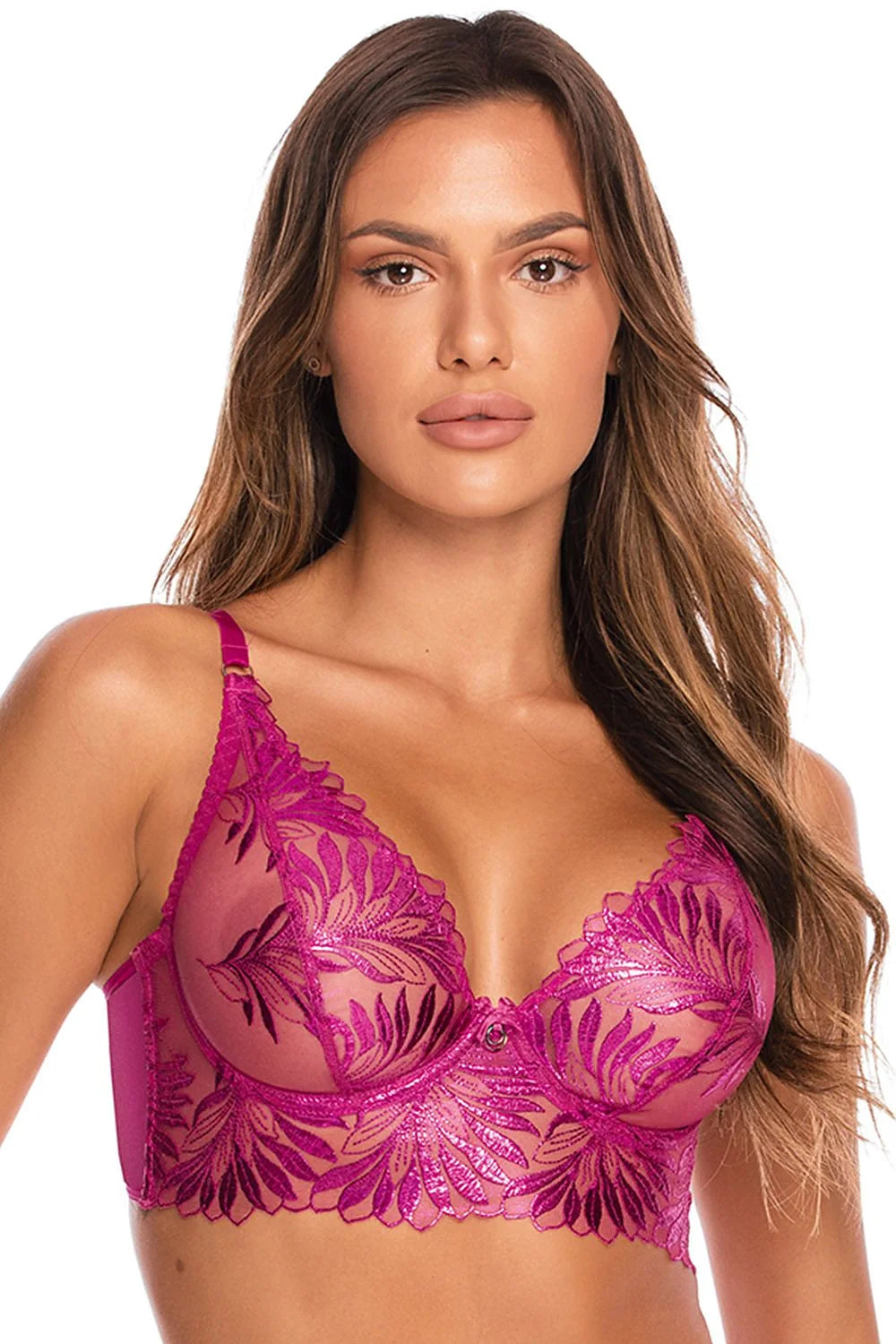 Soutien-gorge dentelle floral corset demi-tulle ajustable fuchsia décolleté profond maintien excellent lingerie luxe femmes