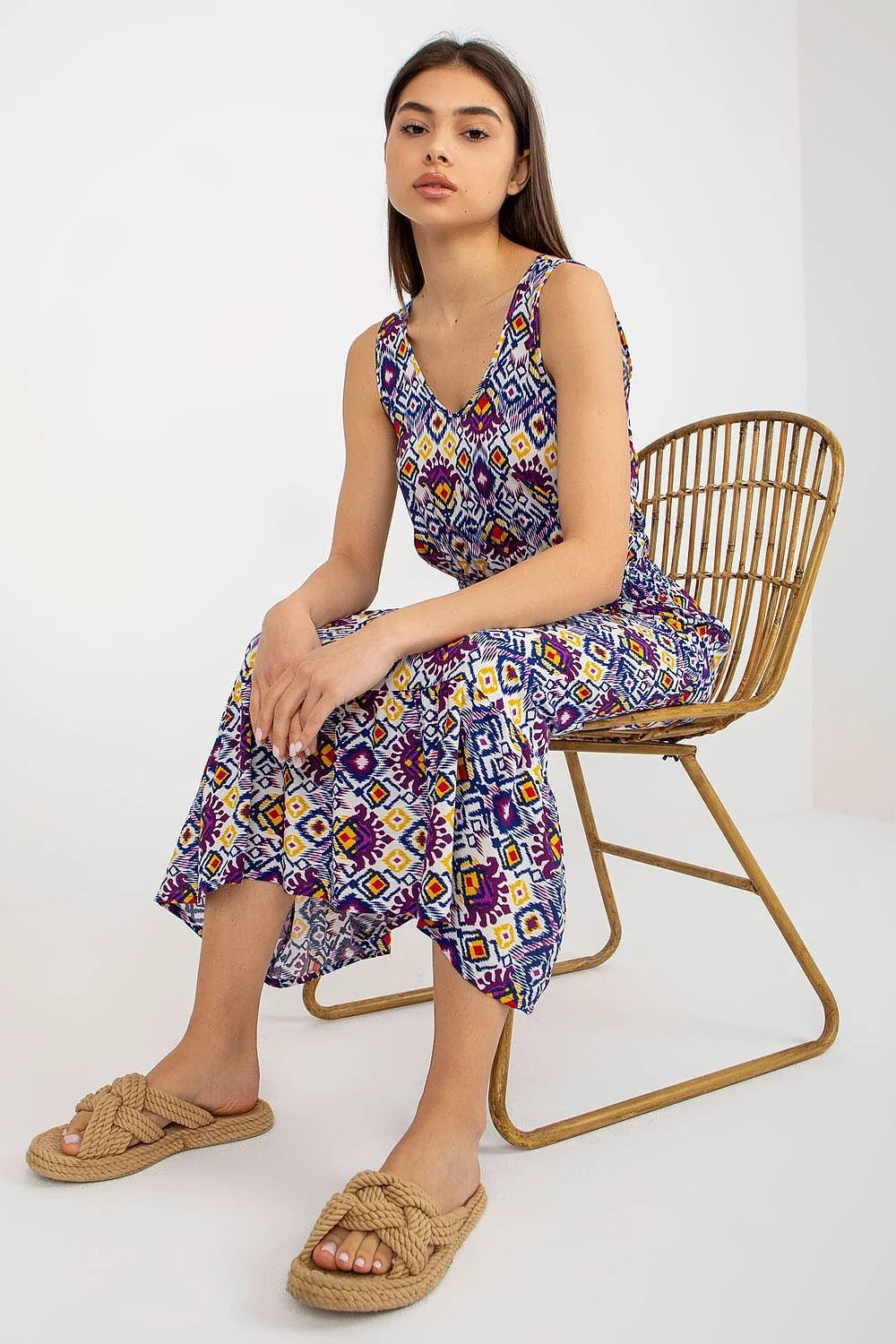 Robe longue femme été sans manches col rond imprimé ikat multicolore élastique taille ourlet volants viscose 100%