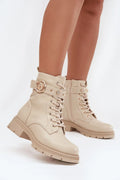 bottines femme montantes similicuir lisse beige nude lacées zippées doublure peluche chaudes semelle crantée antidérapante bride boucle dorée rivets strass