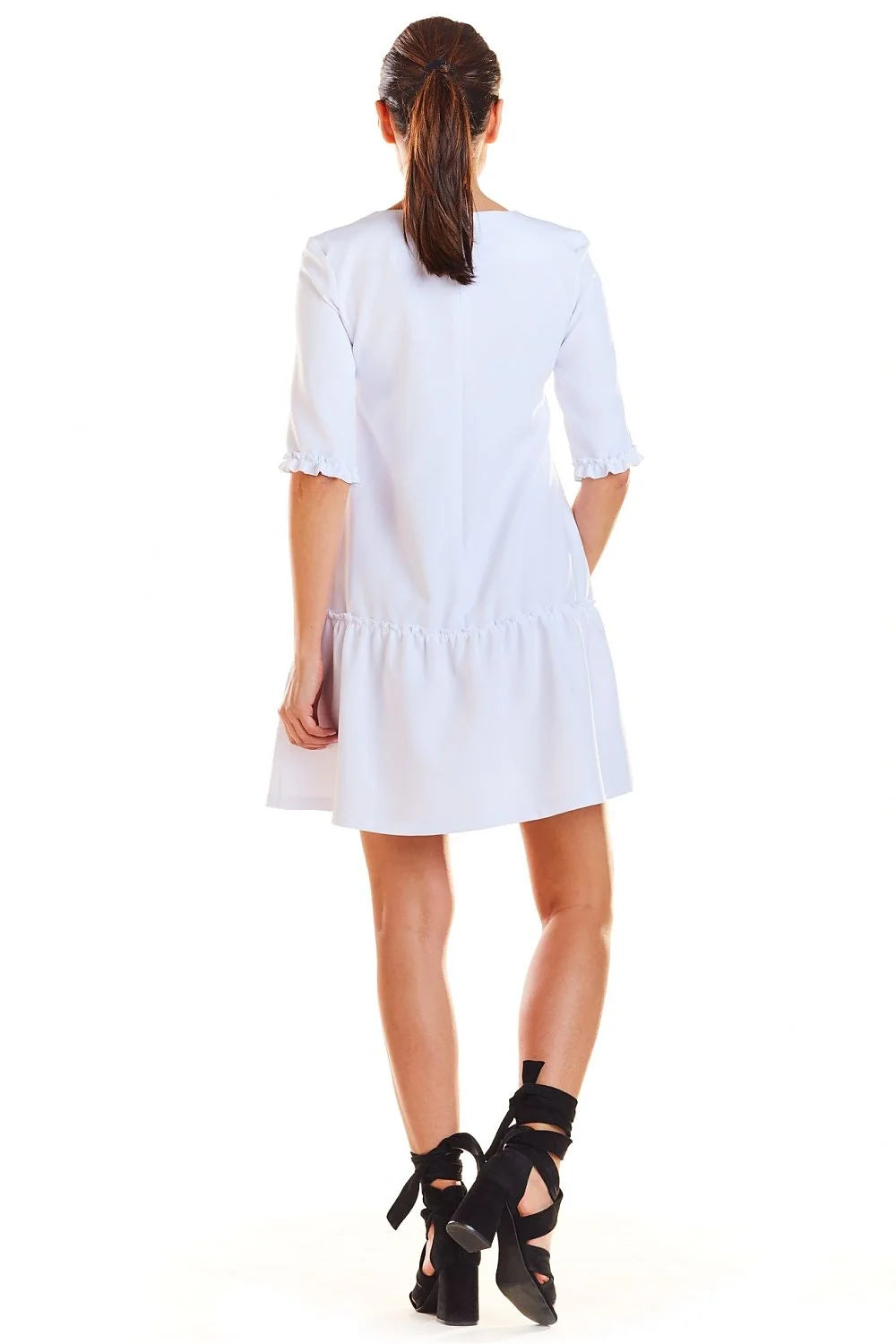 Robe polyester décontractée élégante rose vif encolure V manches trois-quarts ourlet volanté pour femmes modernes