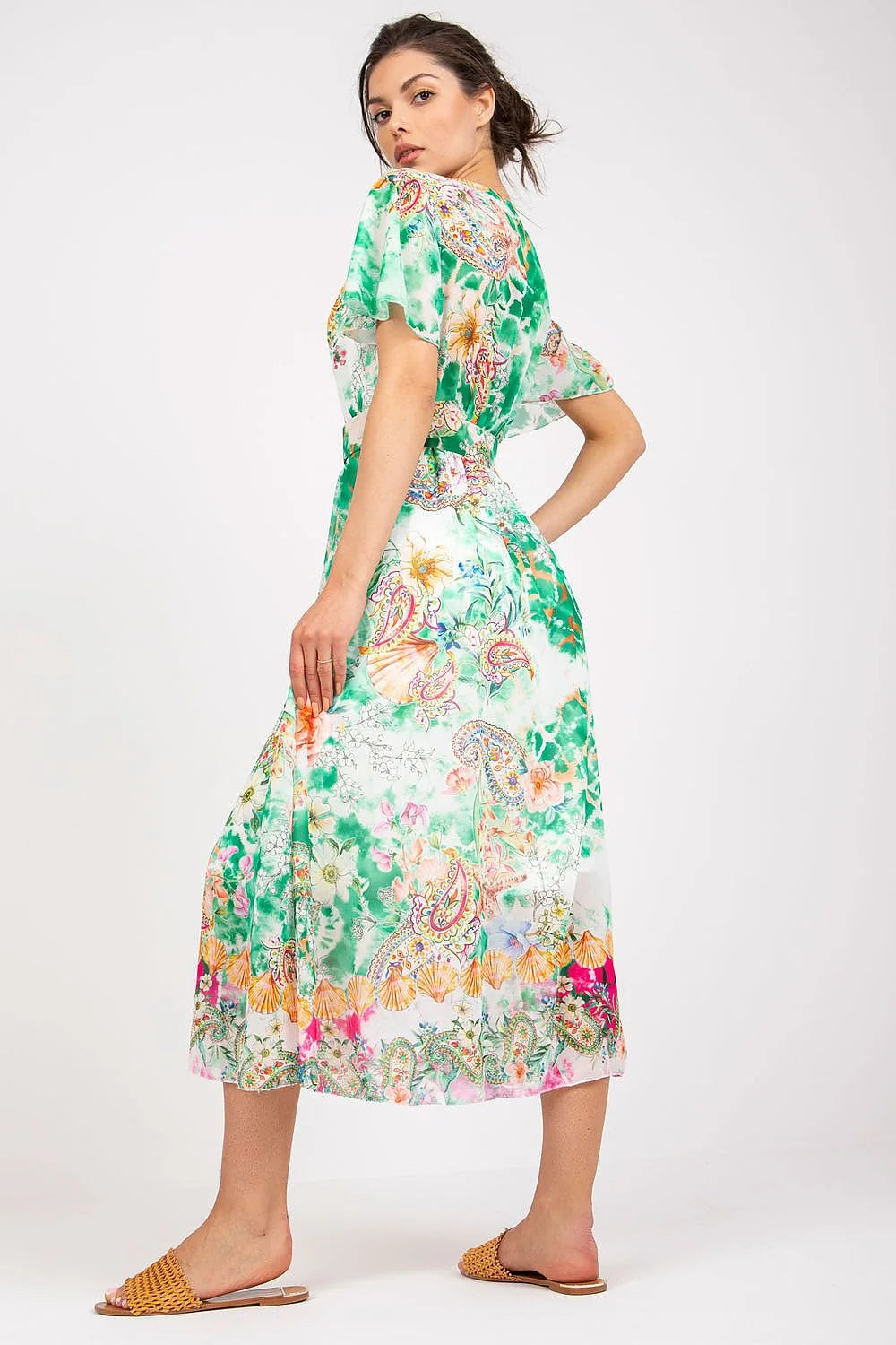 Robe longue colorée imprimé floral et paisley V-neck manches courtes ceinture assortie polyester maxi