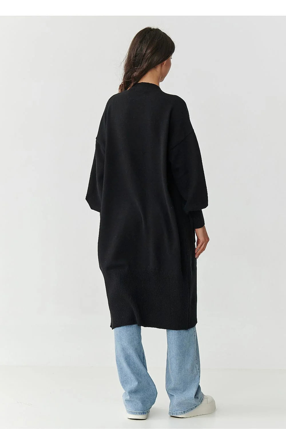 cardigan long femme oversize maille tricotée ouvert devant poches plaquées manches ballon poignets côtelés confortable doux extensible