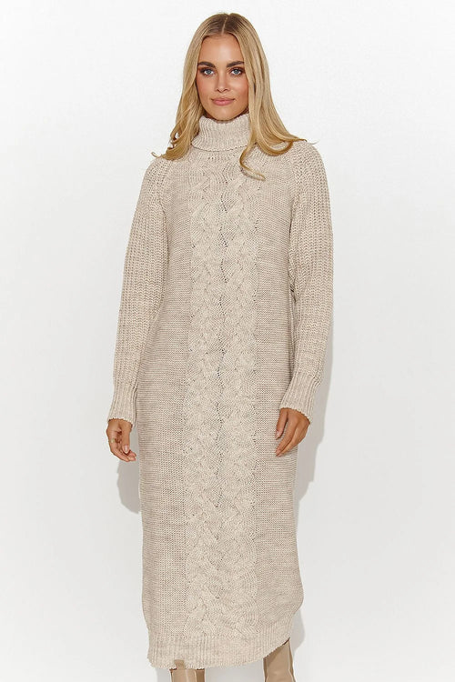 Robe-pull Makadamia pour femme, col roulé, longues manches, texture tricotée torsades, beige neutre, coupe droite mi-mollet, automne-hiver