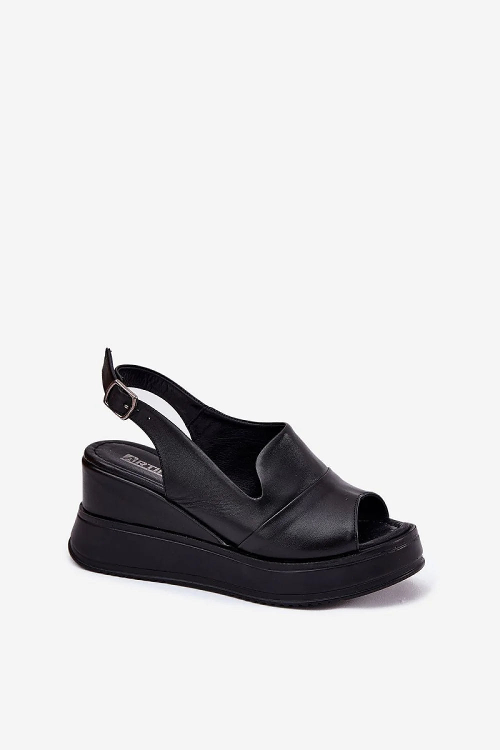 Sandales femmes design moderne minimaliste ouvertes cuir synthétique noire talon compensé补偿 sole caoutchouc épais