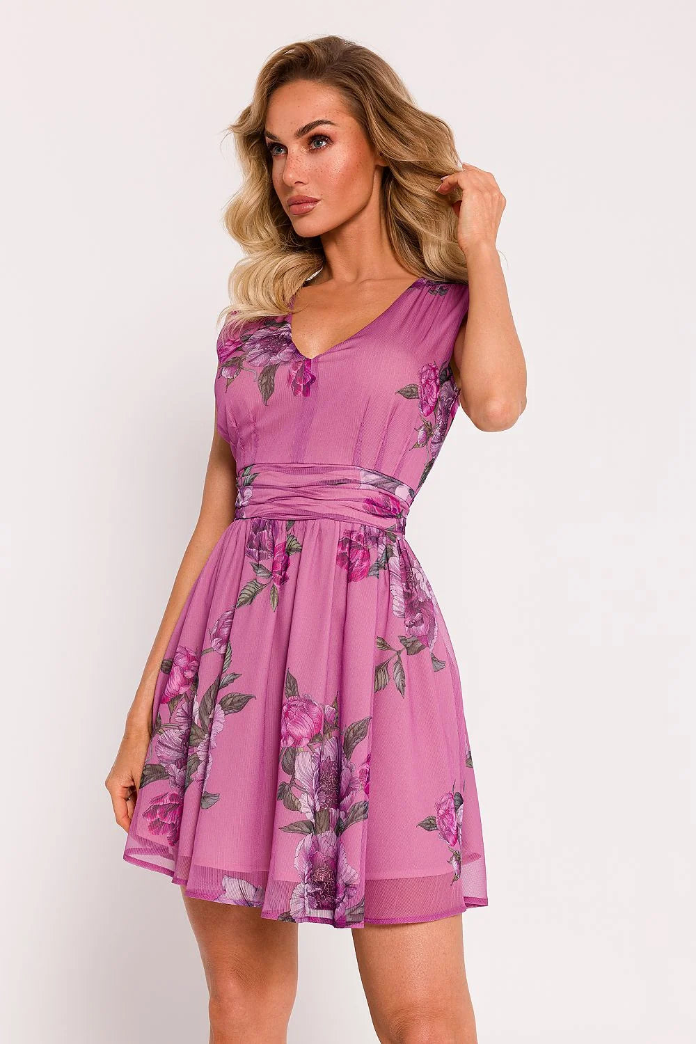 Robe de jour Moe mousseline de soie violet floral décolleté V taille ajustable sans manches occasions semi-formelles femme
