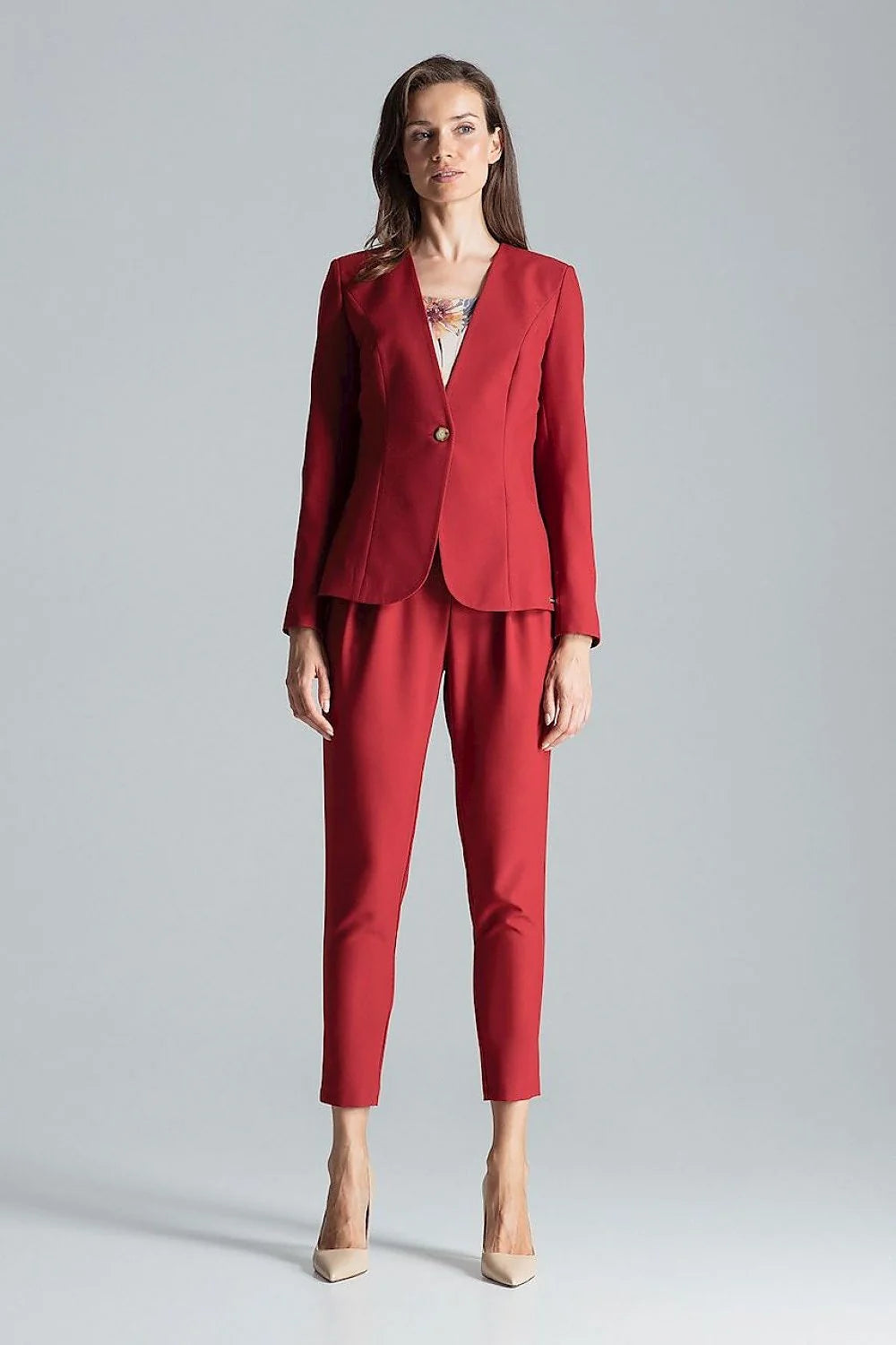 Veste tailleur femme rouge polyester élasthanne élégante ajustée manches longues professionnelle réunions formelles