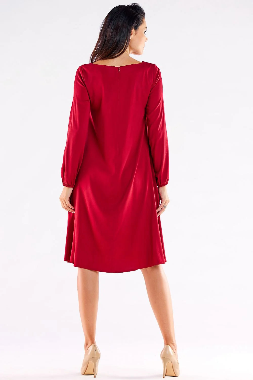 Robe de jour élégante pour femme en viscose et elasthanne, manches longues, dos allongé, coupe trapèze, couleur rouge, taille ajustable