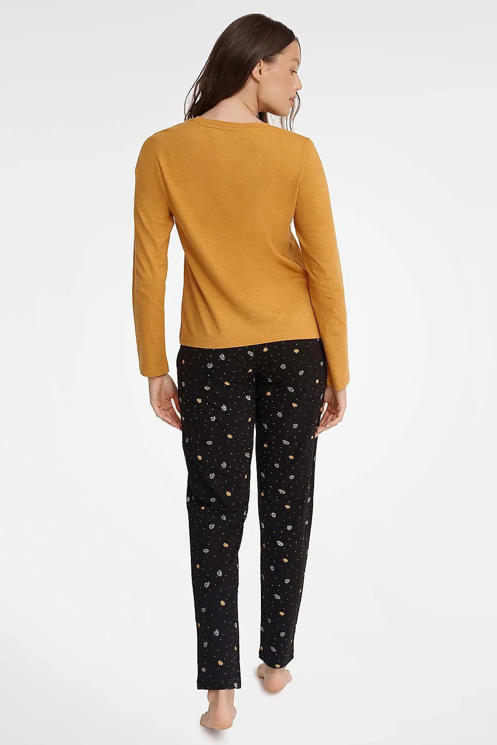 Pyjama femme moutarde deux pièces chemisier manches longues pantalon ample coton élasthanne confort