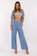 Pantalon femme Italy Moda style bohème léger élégant viscose lin taille haute jambes larges ceinture élastique sans fermeture occasion estivale