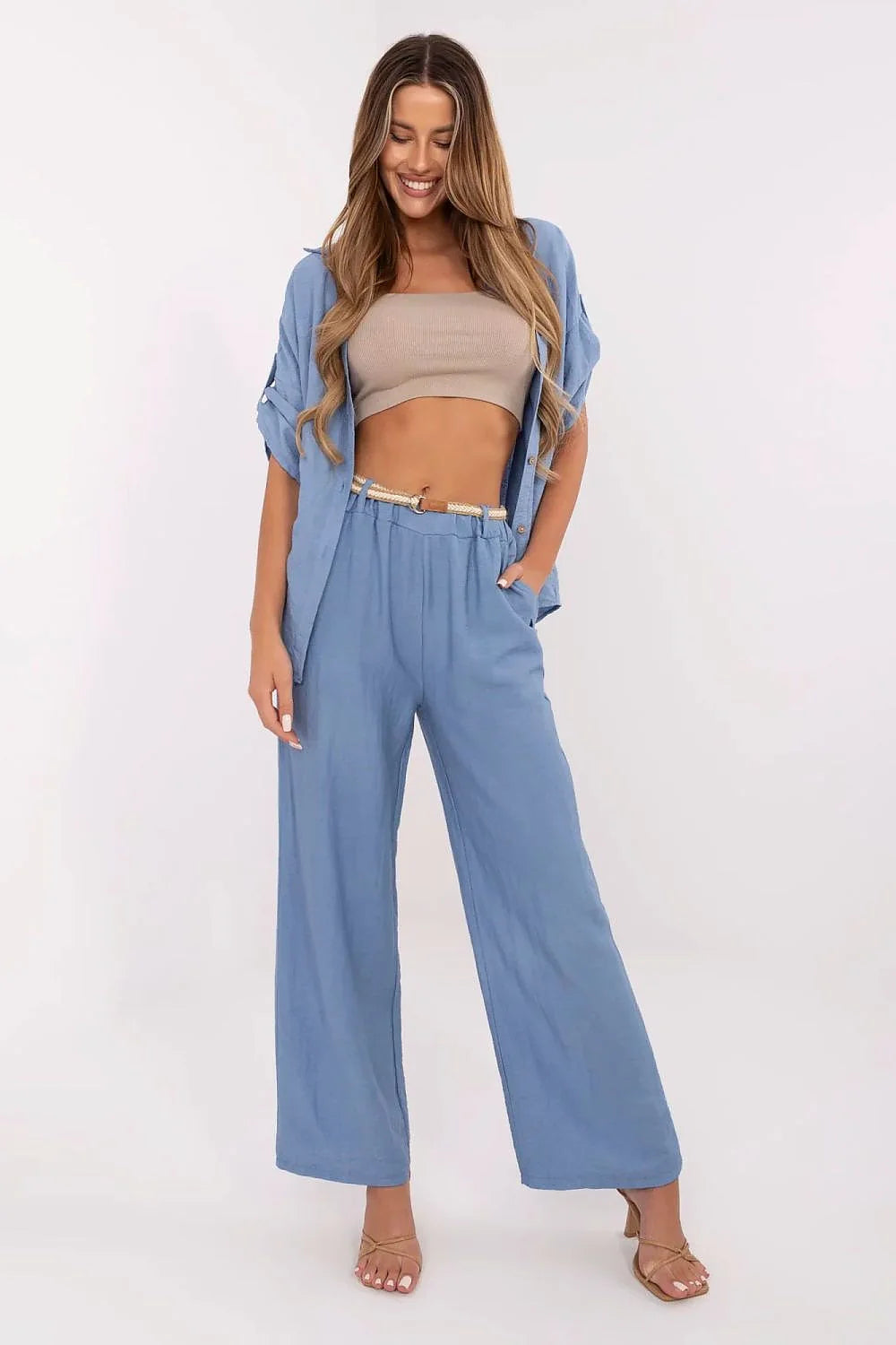 Pantalon femme Italy Moda style bohème léger élégant viscose lin taille haute jambes larges ceinture élastique sans fermeture occasion estivale