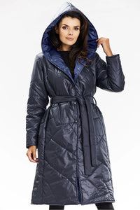 Manteau long à capuche Awama pour femmes, bleu marine, polyester 100%, doublure étoilée, fermeture boutons-pression, occasion quotidienne et hivernale