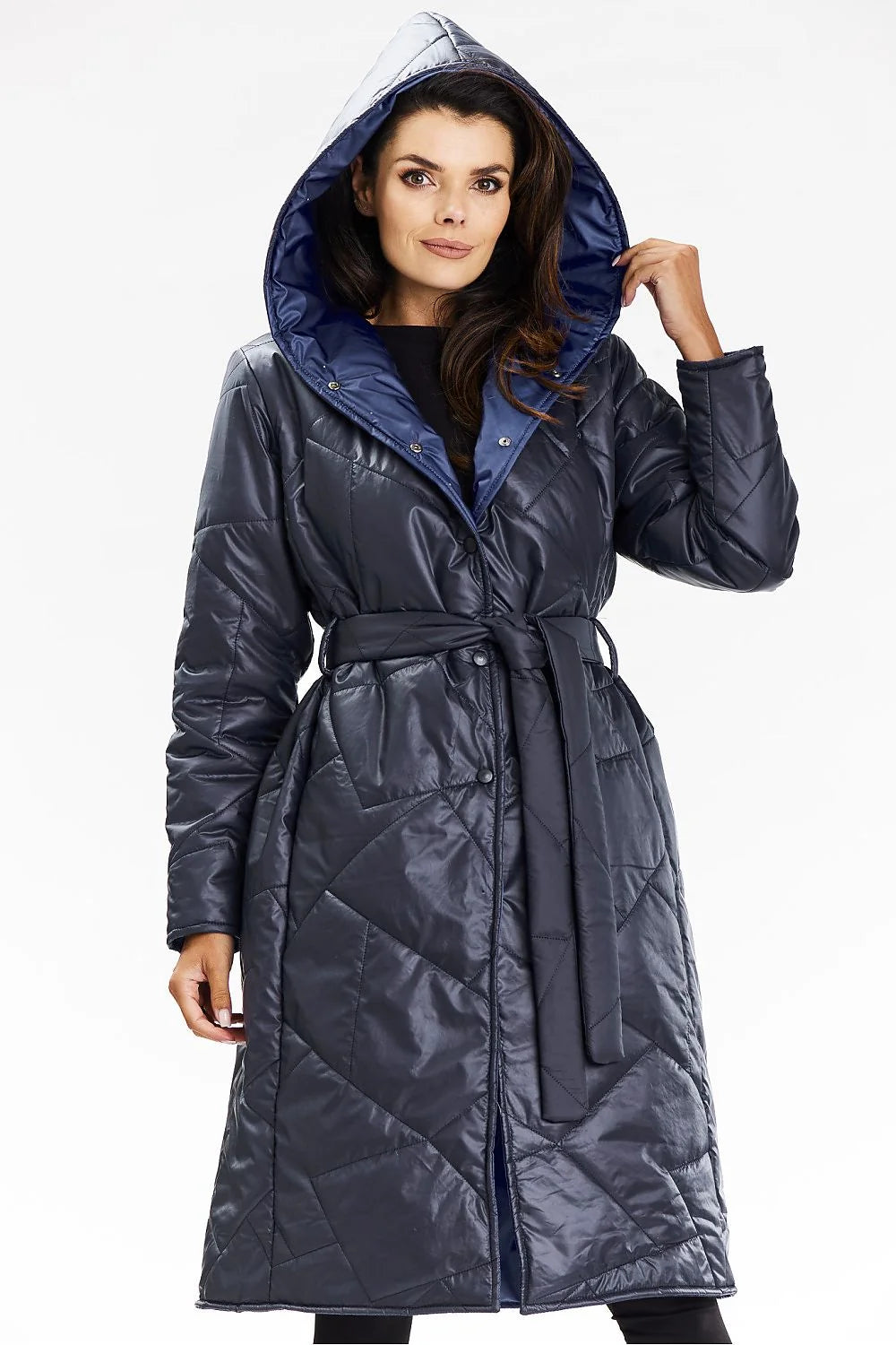 Manteau long à capuche Awama pour femmes, bleu marine, polyester 100%, doublure étoilée, fermeture boutons-pression, occasion quotidienne et hivernale