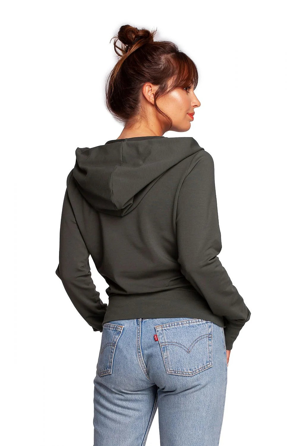 Sweatshirt Be Wear pour femmes, design croisé, capuche, coton élasthanne, coupe moderne, style décontracté, manches longues, couleur vert kaki foncé, occasion quotidienne, vêtement mode, pull trendy, look casual chic, équilibre polyvalent, confort style