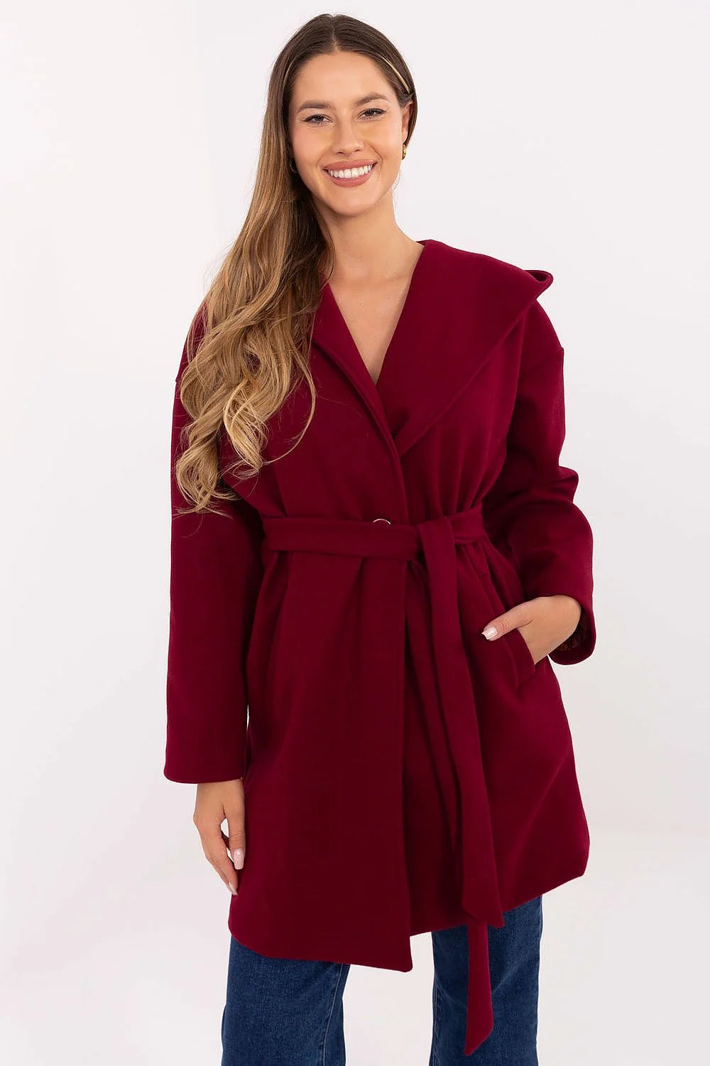 manteau femme mi long ceinturé col châle poches latérales coupe ample manches longues tombé élégant bordeaux laine mélangée