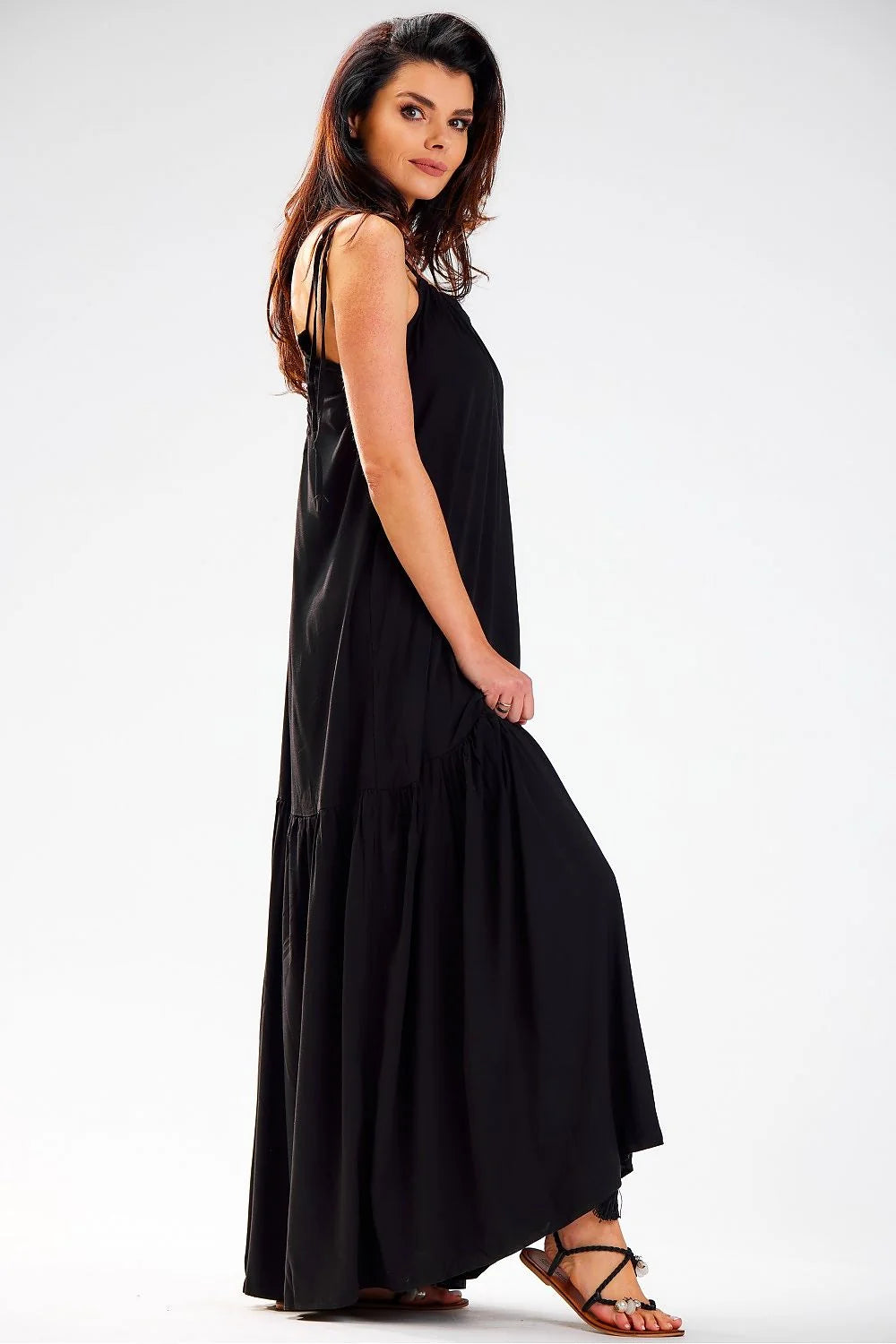 Robe de jour awama été longue ample dos nu viscose noire fabrication polonaise femme