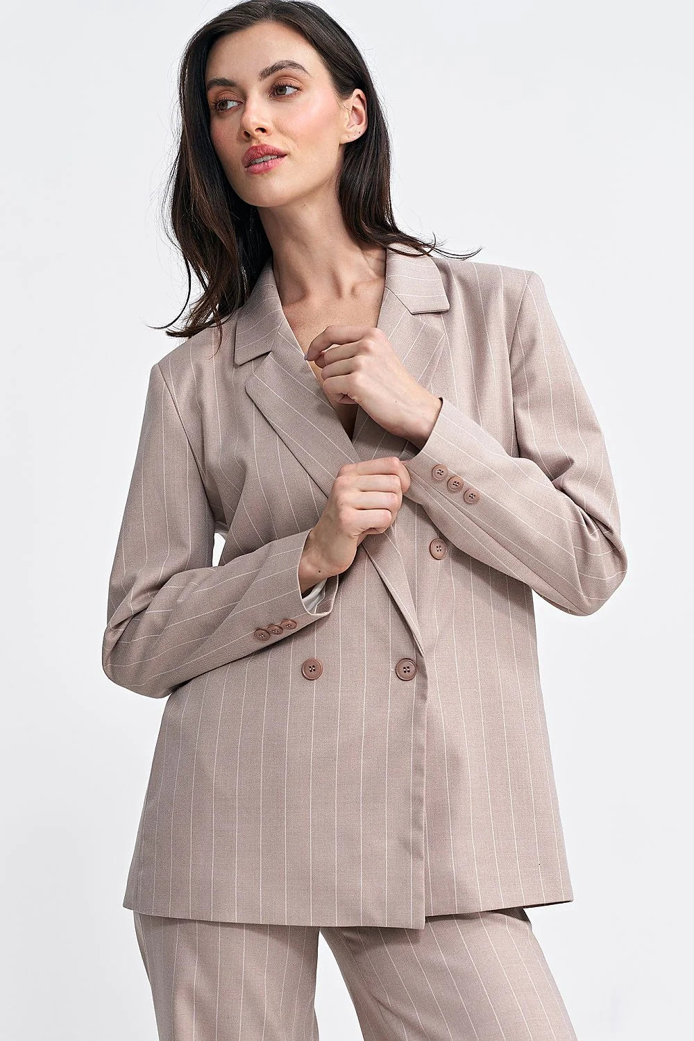 Veste de tailleur pour femme moderne élégante oversize rayures verticales beige rosé polyester viscose élasthanne manches longues boutonnage double