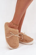 pantoufles femme fourrure fausse mules fermées beige camel noeud décoratif pelucheux intérieur semelle blanche antidérapante caoutchouc maintien confortable