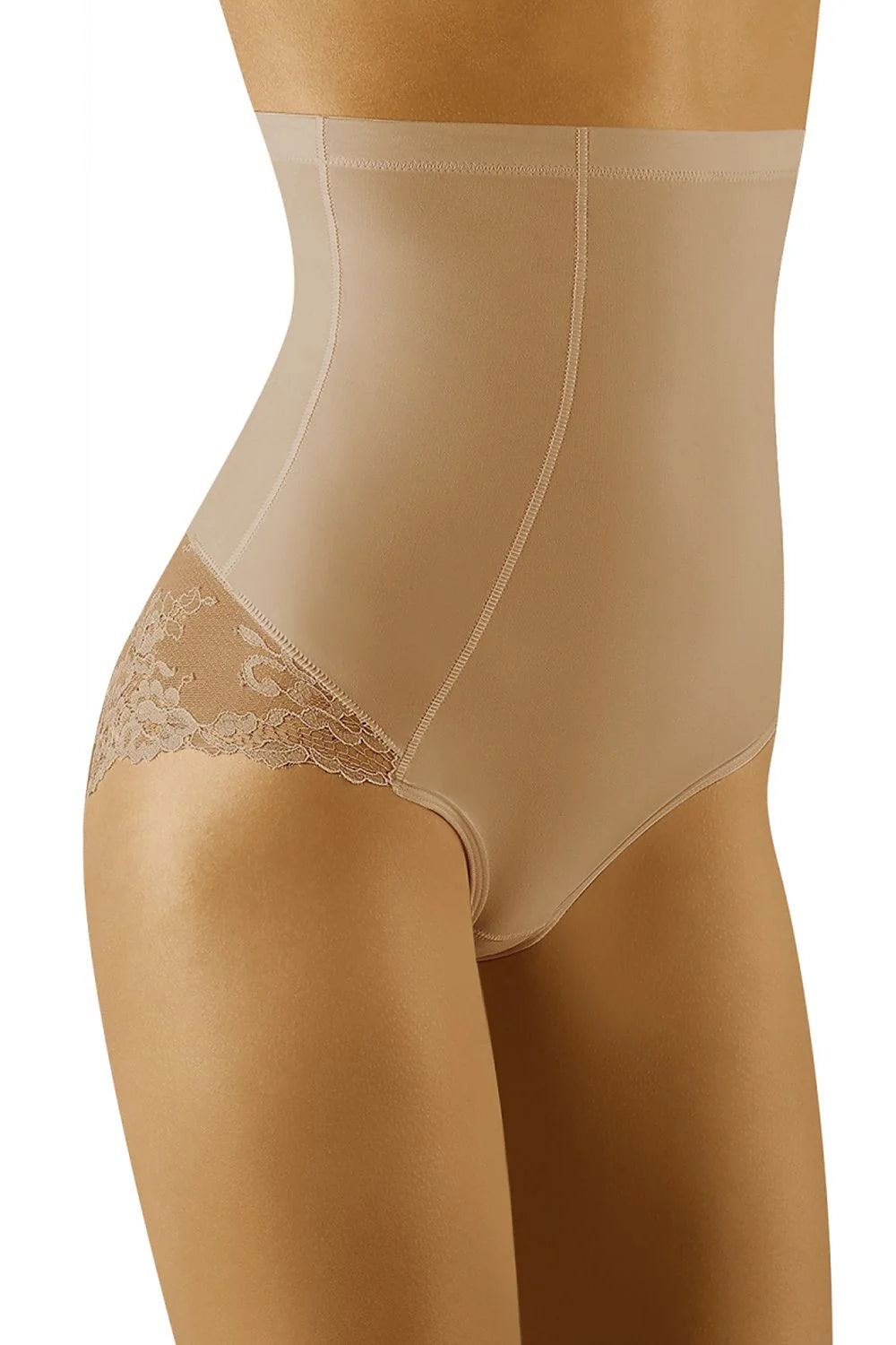 culotte gainante sculptante Wolbar microfibre dentelle florale taille haute beige nude invisible coutures plates panneaux modelants maintien galbe confort extensible