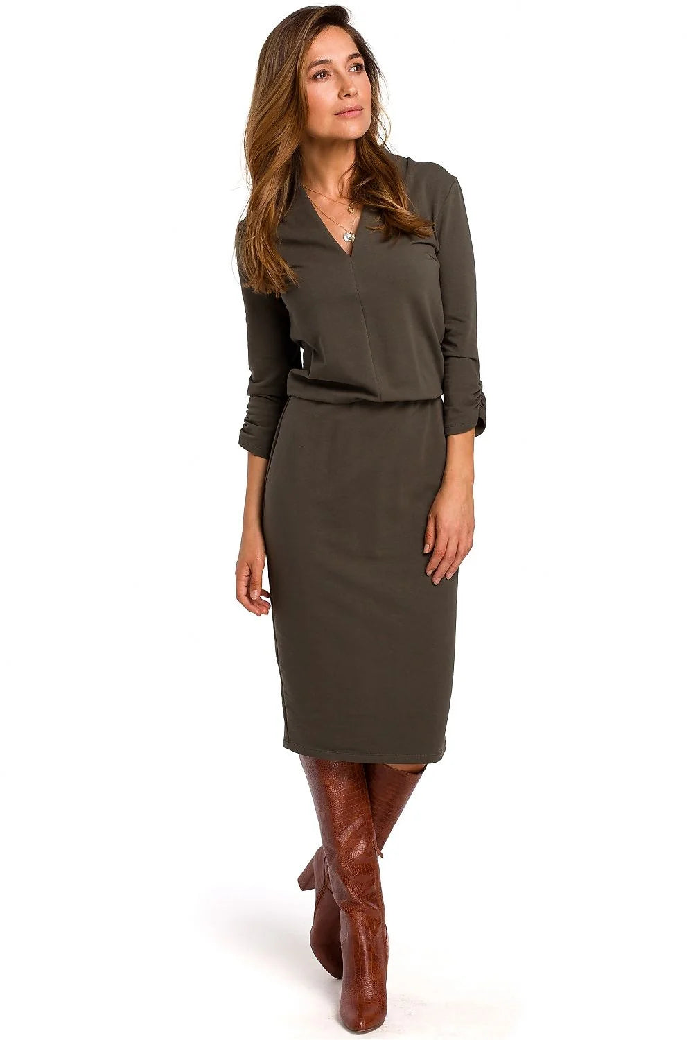 robe midi droite crayon cintrée taille marquée col V maille jersey coton extensible beige clair manches troisquarts