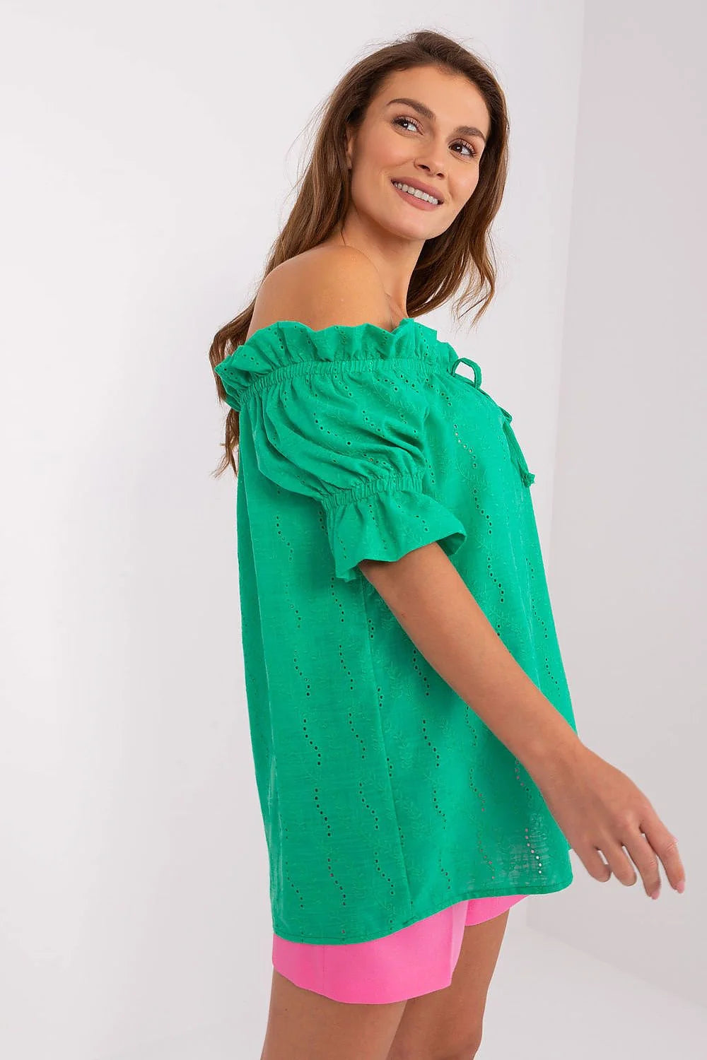 Chemisier femme court espagnol col élastique volants tissu vert brodé coton 100% Taille S/M L/XL occasion estivale style décontracté