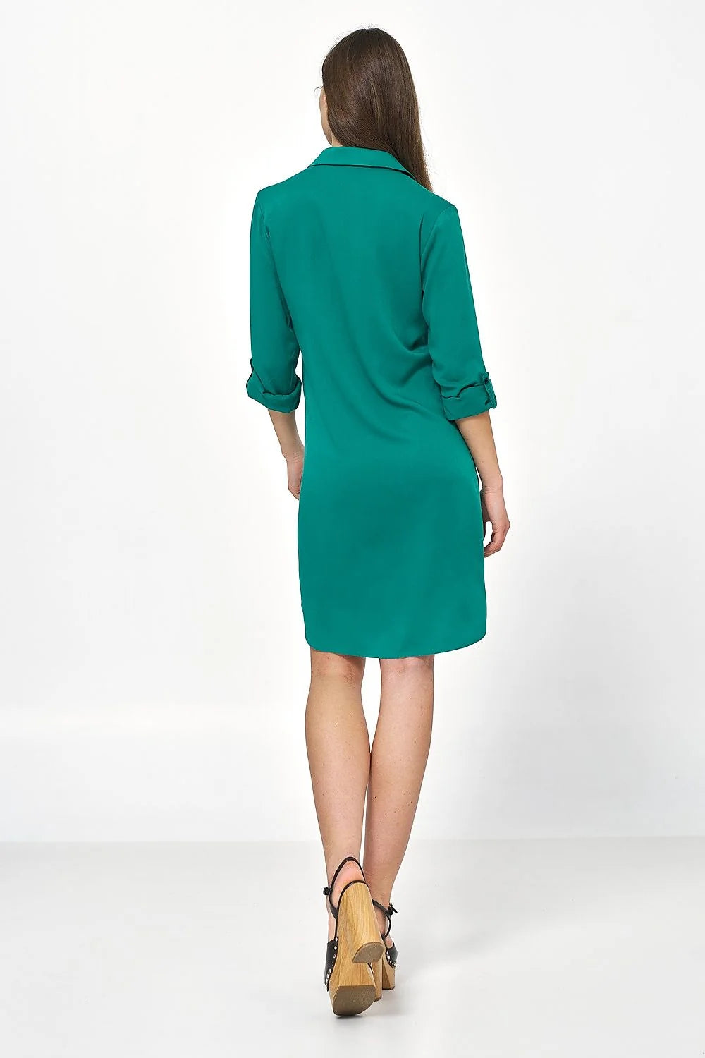Robe de jour en viscose 100% style chemisier manches 3/4 silhouette épurée couleur vert émeraude pour femme occasion semi-formelle