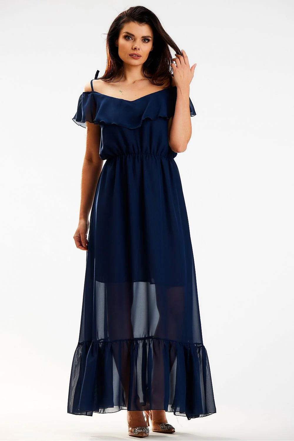Robe longue élégante pour femme en mousseline bleu marine encolure espagnole volant élastique taille ajustable occasion spéciale été