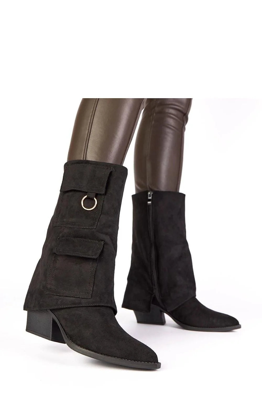 bottines noires suède femme talon carré bas 7cm mi mollet fermeture zippée poches rabat anneau métallique élégantes polyvalentes confortables