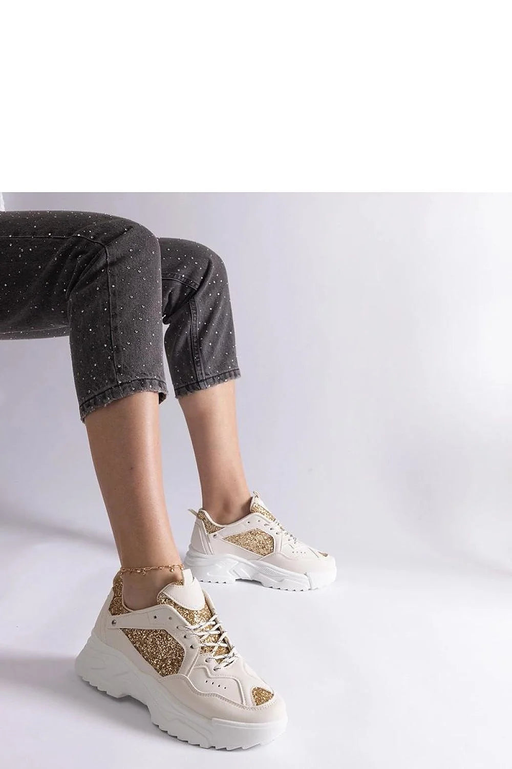 Baskets femmes style chunky cuir synthétique paillettes dorées semelle épaisse tendance mode 2023 confort