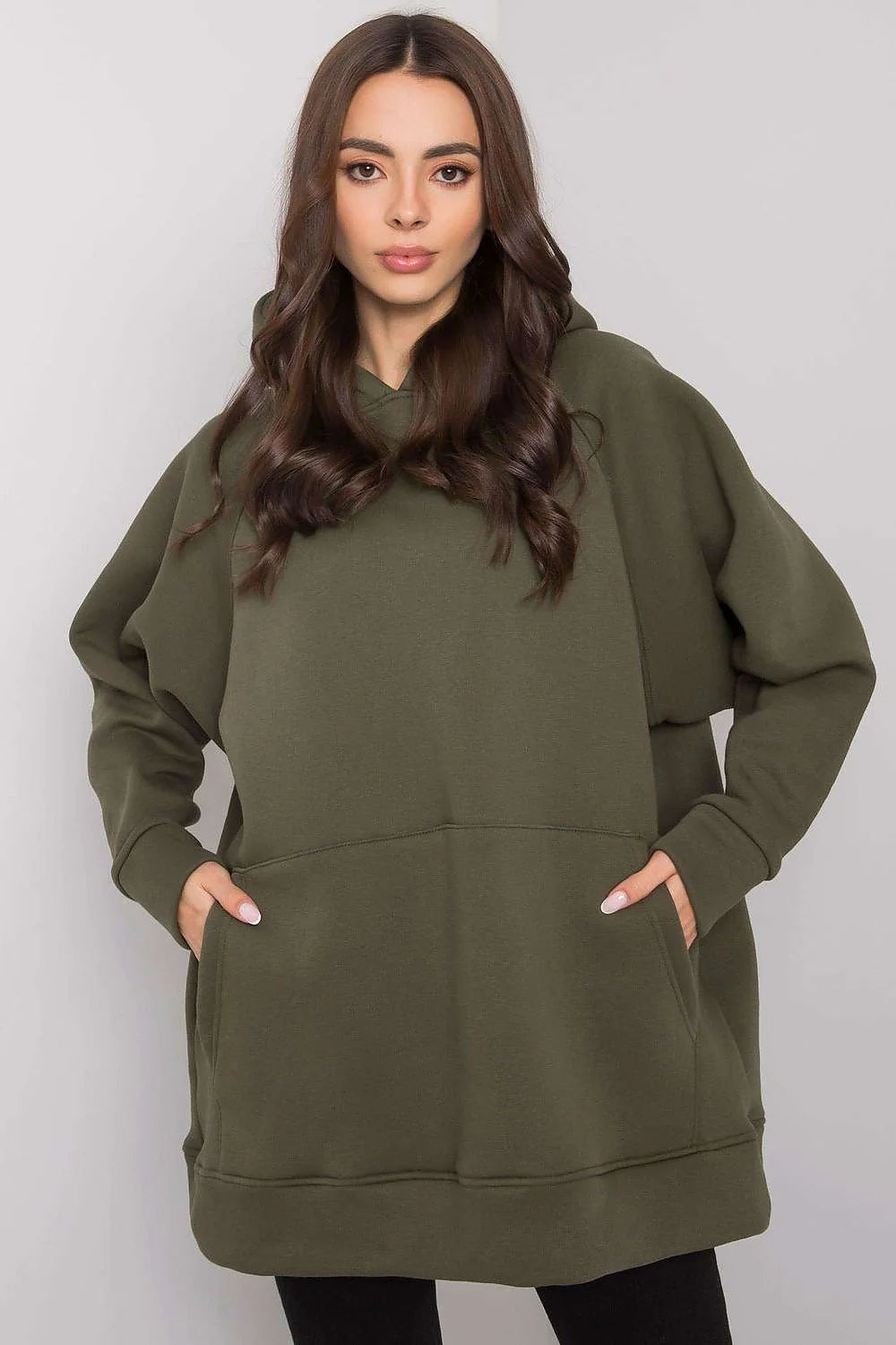 Sweat à capuche femme coton élasthanne vert olive confortable décontracté poche kangourou longue manche