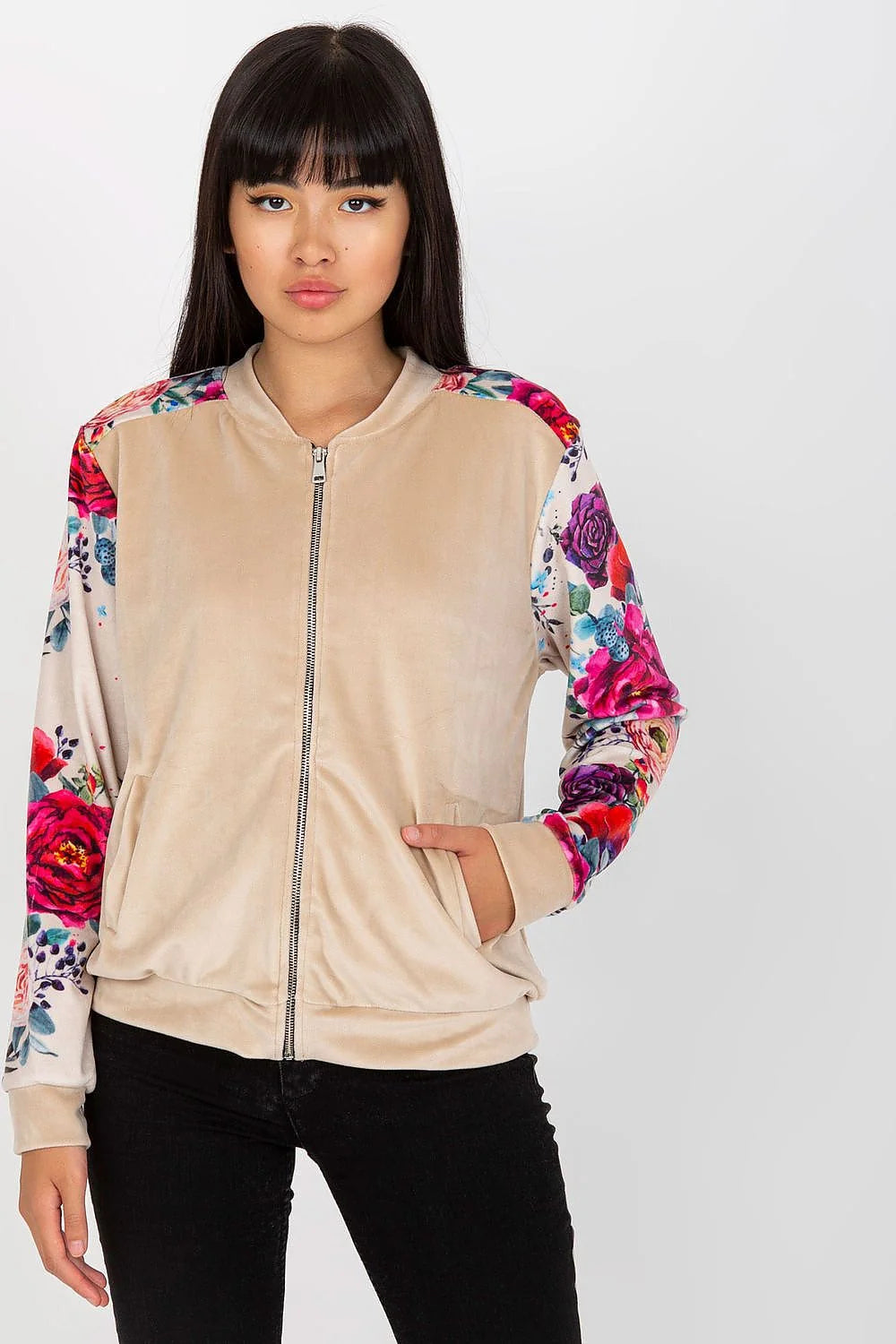 bomber velours noir manches fleuries floral multicolore satinée élasthanne viscose ajustée zippée côtelée poches casual chic