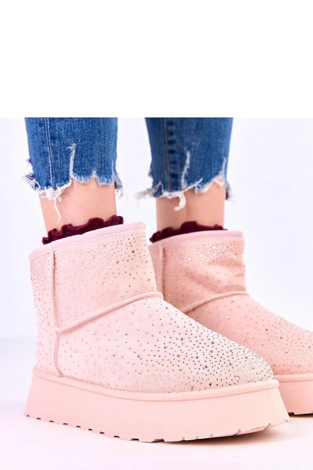bottines neige femme cheville faciles doublées fourrure suédine synthétique rose poudré strass scintillants semelle plateforme épaisse crantée antidérapante chaude confortable