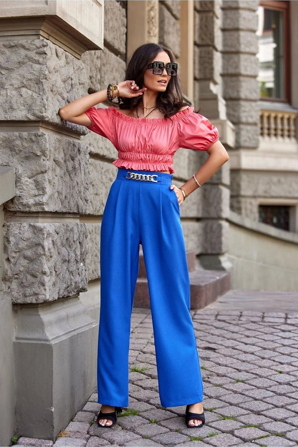 Tenue estivale élégante deux pièces haut court pantalon large motifs coton polyester jaune vert femmes