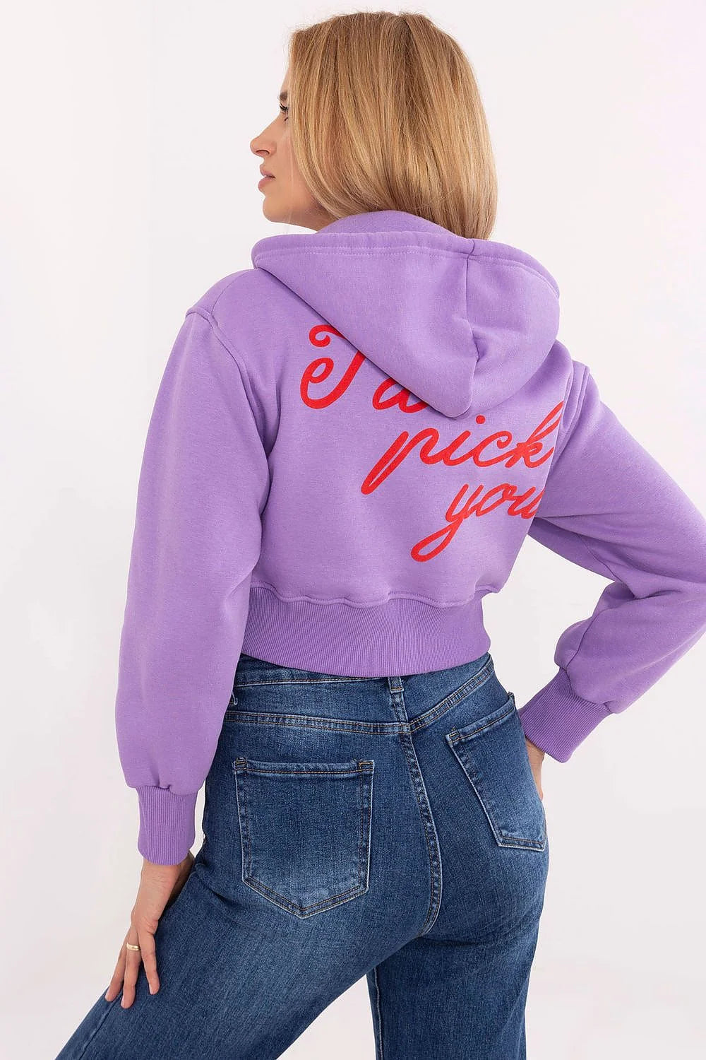 Sweat à capuche femme style moderne coupe crop manches longues teinte lilas motif cerise poly-coton confort style casual occasions quotidiennes
