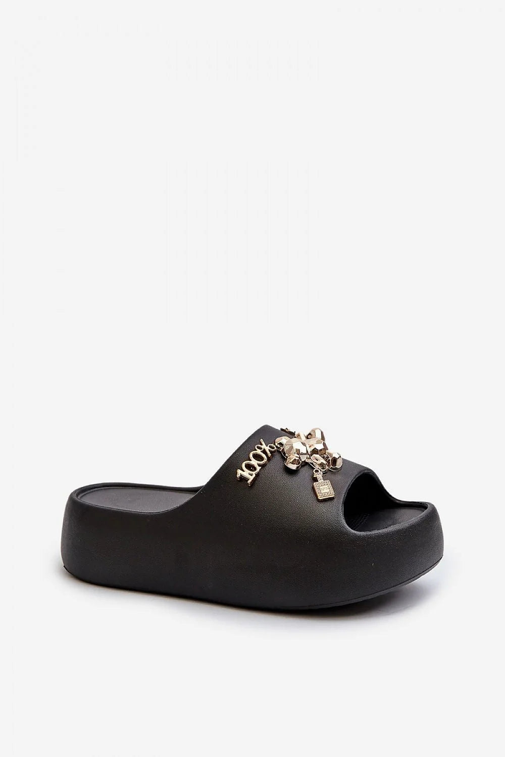mules femmes modernes audacieuses noir mat dorés breloques strass semelle plateforme épaisse EVA légère amorti bout ouvert silhouette chunky confortable