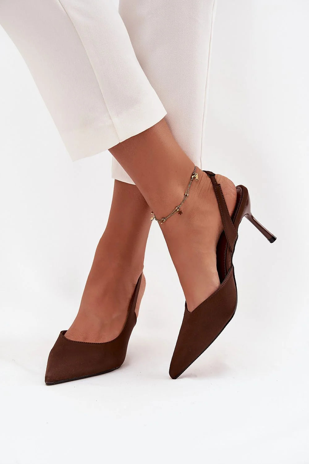 escarpins femme slingback bout pointu effet suède chocolat talon aiguille 8cm bride arrière ouverte découpe plongeante soirée semelle cuir