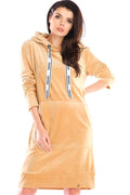 Robe sweat femme en velours doux, décontractée et chic, capuche beige pour automne-hiver