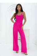 Combinaison moderne élégante sans manches fuchsia femme taille ajustée décolleté drapé jambes larges occasion semi-formelle