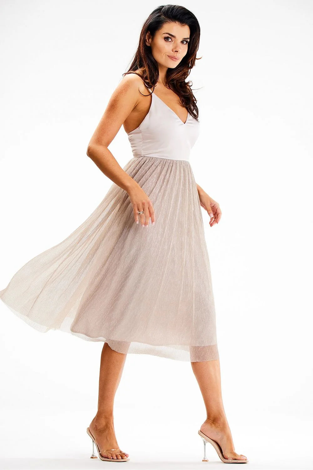 robe soirée midi bicolore satiné corsage blanc bretelles fines décolleté V profond taille cintrée jupe plissée tulle champagne