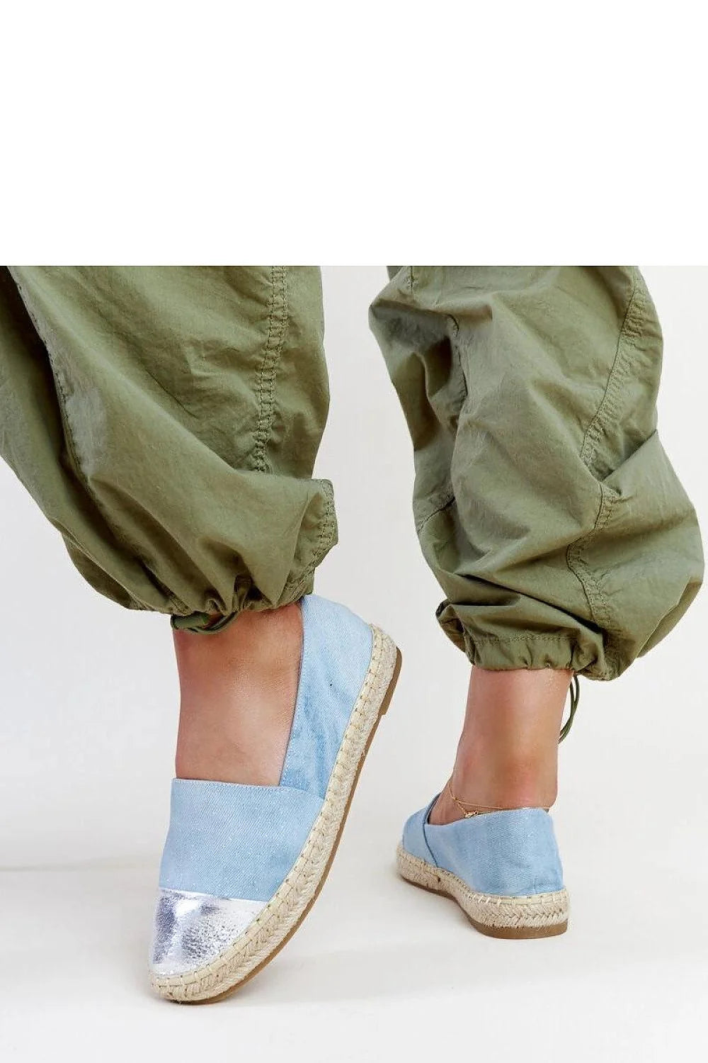 espadrille solea femme estivale bleu clair délavé textile embout argenté métallisé bout rond slipon plate semelle jute tressée rembourrée confortable