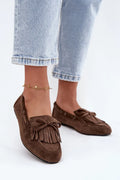 mocassins femme daim marron chocolat bout rond semelle fine franges kiltie noeud décoratif coutures apparentes slipon caoutchouc antidérapante casual chic