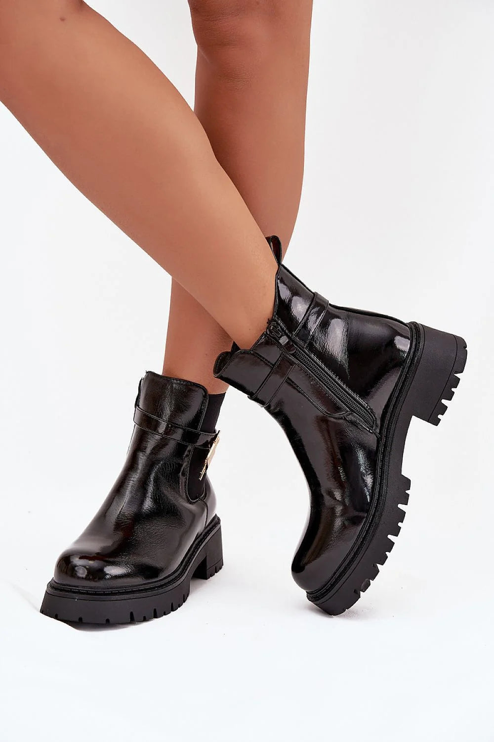 bottines femme cuir écologique plateforme talon plat confort bout arrondi sangle décorative doré doublure tissu semelle crantée antidérapant