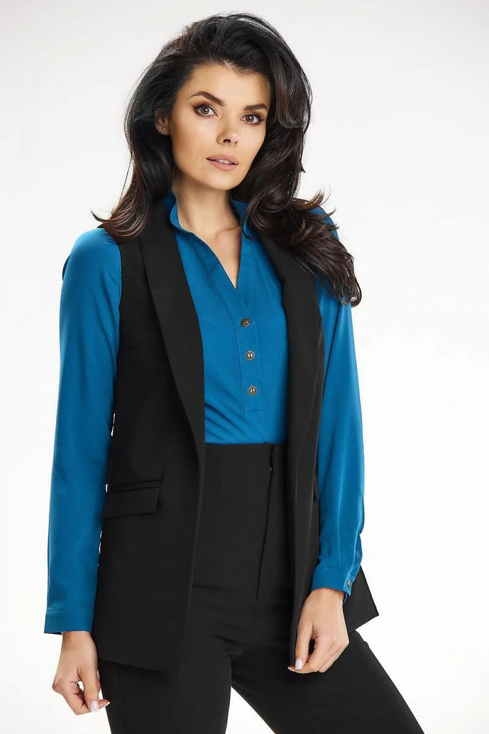 Gilet élégant sans manches pour femme col châle noir polyester viscose élasthanne tailleur moderne professionnelle occasions spéciales