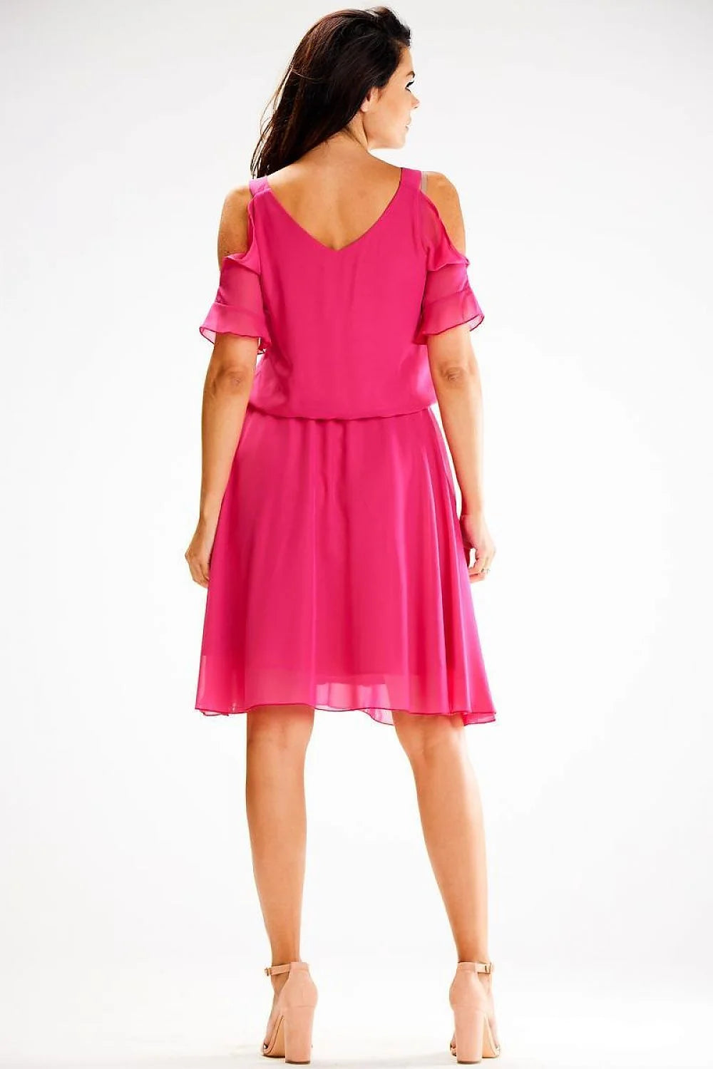 robe élégante awama pailletée sans manches fuchsia polyester fluide doublure opaque encolure échancrée épaules dénudées taille cintrée jupe évasée
