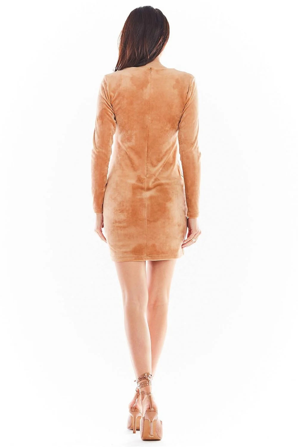 Robe moulante en velours doux rose pâle élégante à manches longues fendue pour soirées chics