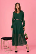 robe cocktail Merribel vert profond mousseline soie double tulle cache coeur manches longues bouffantes taille marquée ceinture noire boucle dorée