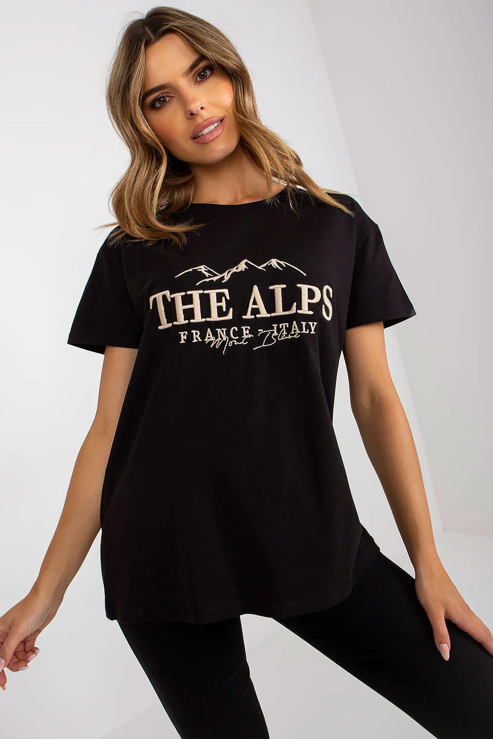T-shirt Fancy pour femme vert profond imprimé THE ALPS France Italy montagnes graphique manches courtes col rond coton élasthanne