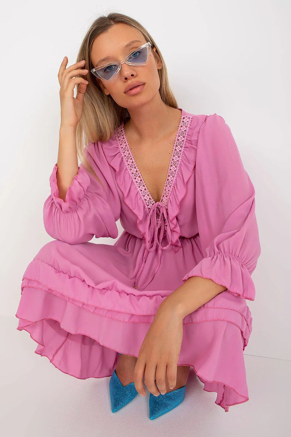 Robe bohème été rose longues manches ruffles décolleté V ajustable femme confortable mode été 2023